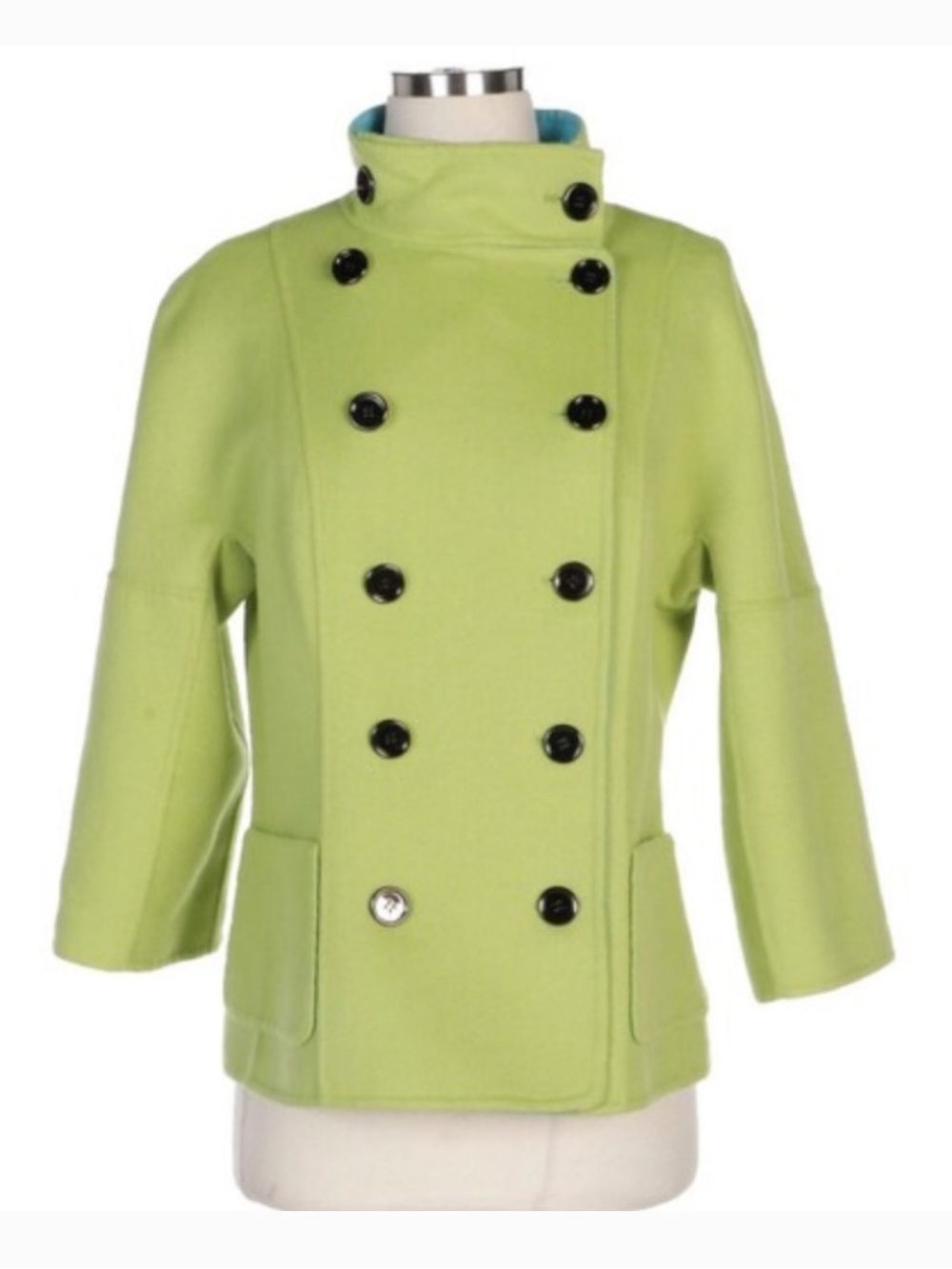 Per Se Reversible Wool Angora Lime Green and Teal Blue Pea Coat Jacket
